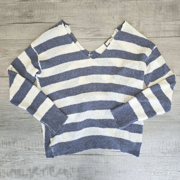 Mystree Blue/White Knit Open Back Sweater Knotted Back WMNS M V-neck Long Sleeve - Picture 3 of 5